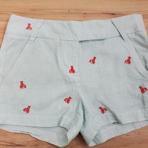 J crew city fit mint green embroidered lobster shorts women's size 0 seersucker